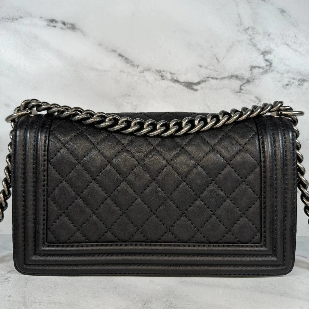 ❌❌ Chanel Boy Bag Metal Old Medium Classic Quilted Black Flap CC Leboy Calfskin - Picture 6 of 16